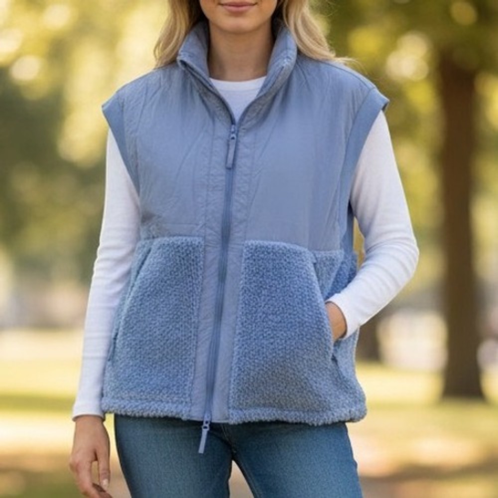 JoyLab Vest Womens L Blue Excellent Mixed Media Fleece Nylon Full Zip Athleisure